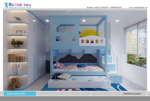 Giường tầng xanh trắng hiện đại dành cho bé